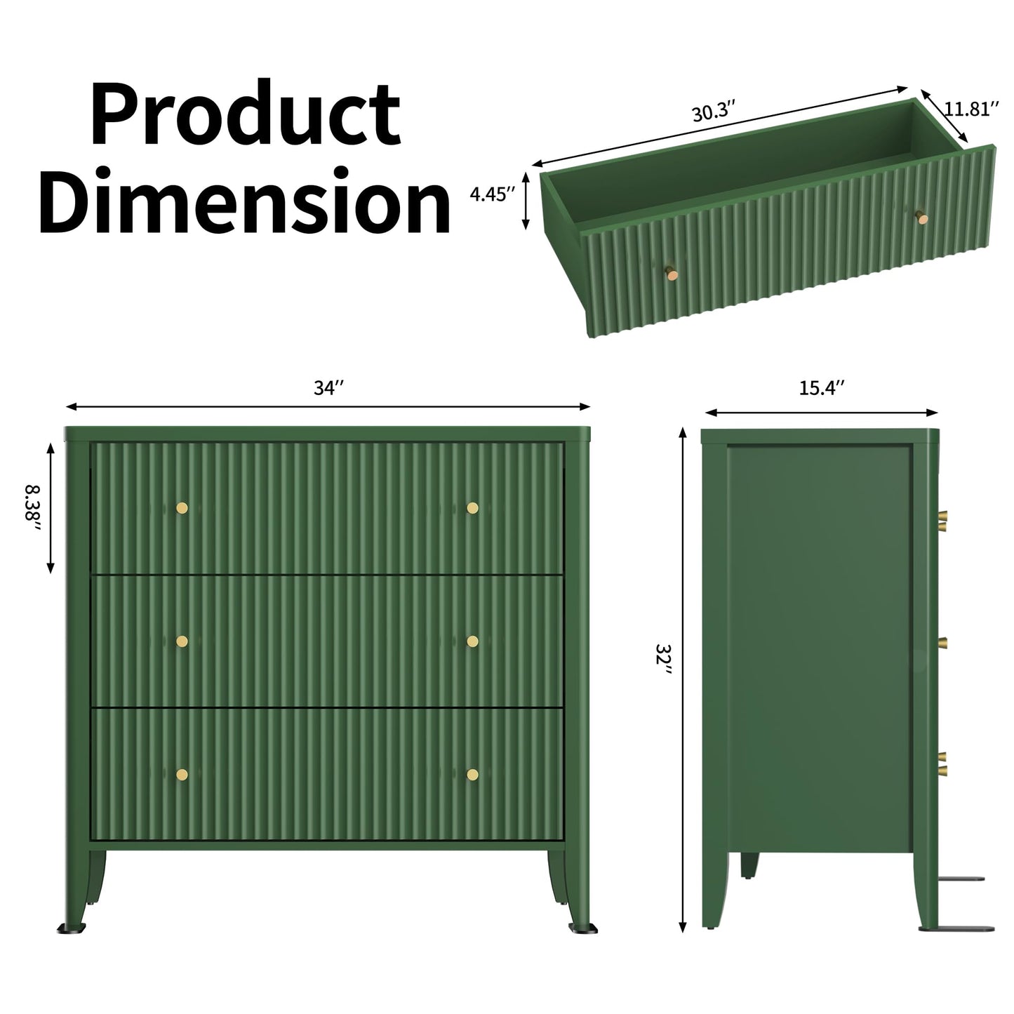 Fatmok Fluted 3 Drawer Dresser for Bedroom Set of 2, 34" Wide Chest of Drawers, Modern Wood Nightstand End Table with Metal Handles, Striped Storage Cabinet for Living Room, Hallway, Entryway, Green