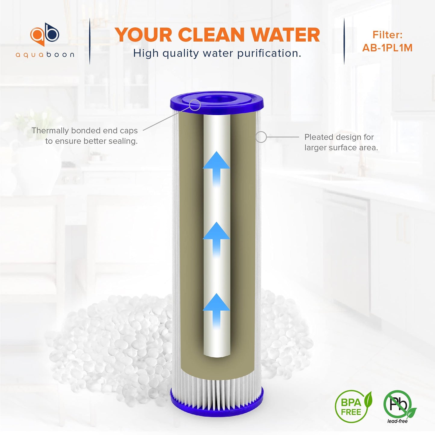 Aquaboon 1 Micron Pleated Water Filter 10 x 2.5 - Whole House Sediment Filter Replacement Cartridge Compatible with WFPFC3002, WHKF-WHPL, 50-Pack