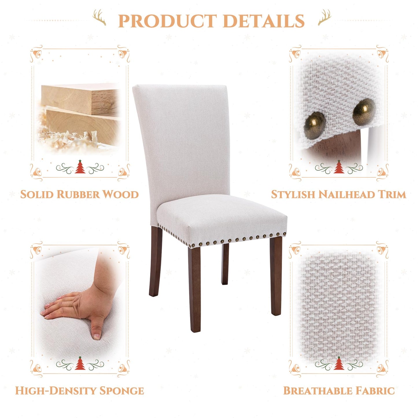 MALOL High Back Dining Chairs Set of 4, Upholstered Dining Room Chair with Wood Legs and Nailhead Trim, Modern Padded Kitchen Chairs for Dining Room/Restaurant, Beige