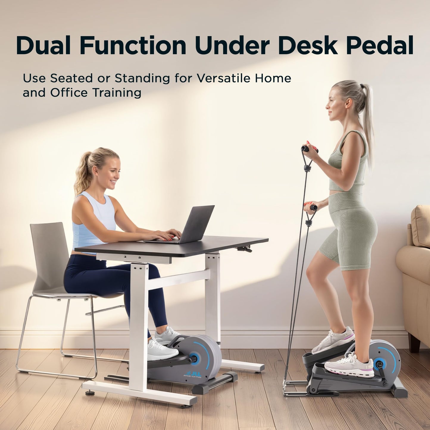 JLL Elliptical Exercise Machine, Compact Under Desk Pedal Exerciser & Trainer for Home Office, Magnetic 8-Level Resistance, Free Fitness App, with Resistance Bands