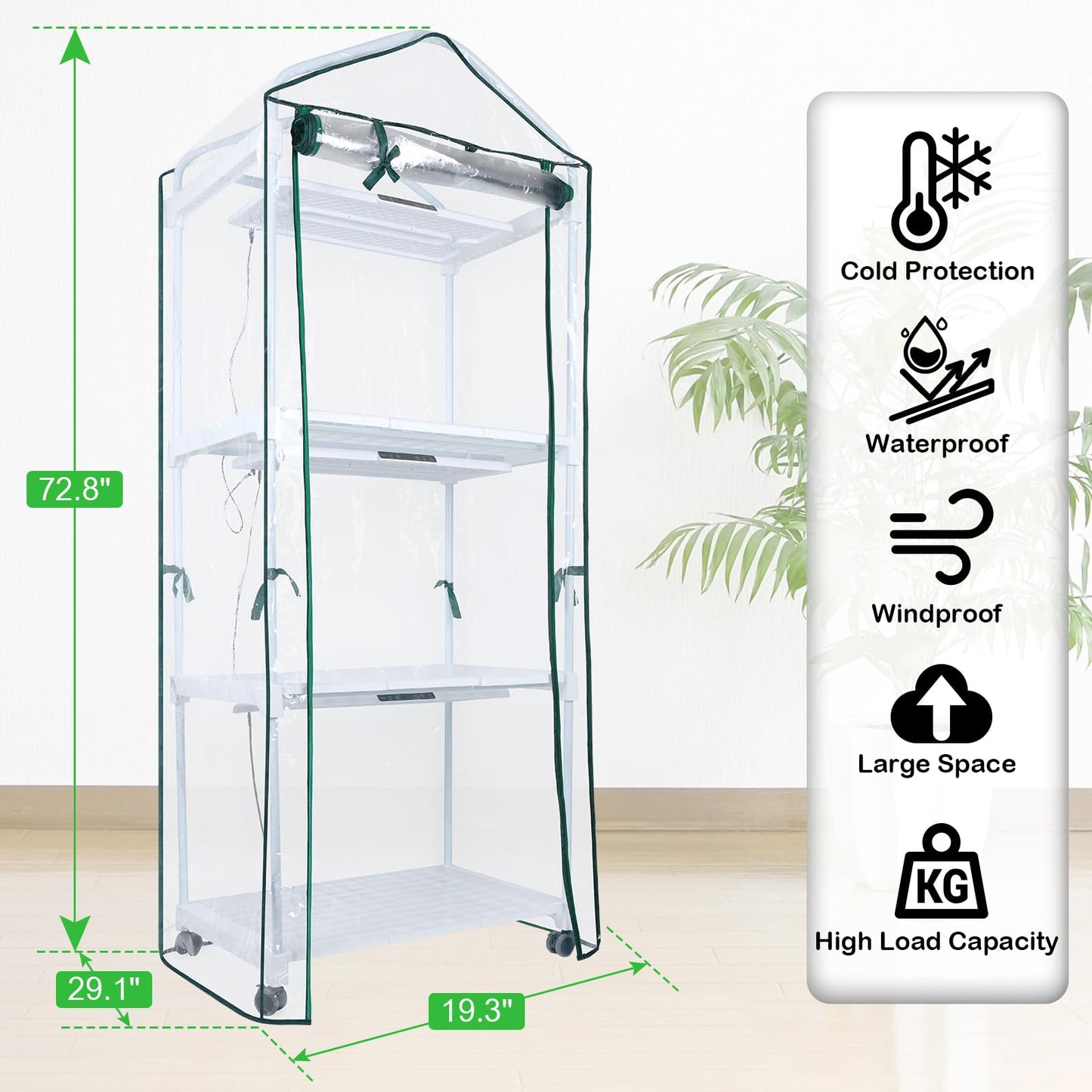 Mini Indoor Greenhouse with Grow Light, 3-Tier Portable Plant Greenhouse Cabinet with Wheels, 36W Full Spectrum LED, Waterproof PVC Tent Cover for Seed Starting, Herbs, Indoor Plants (Clear, 3 Tier)