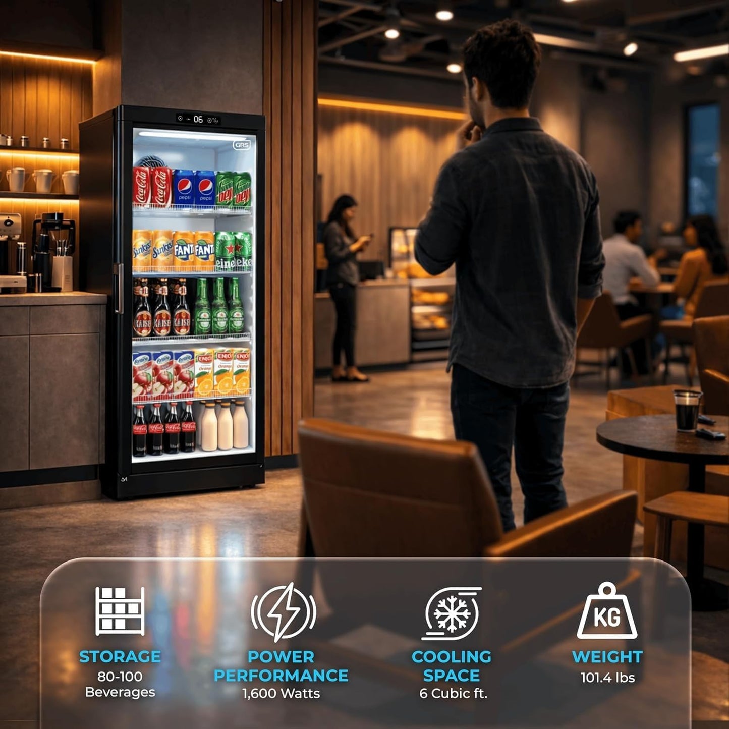 GRS Commercial Display Refrigerator with Glass Door Lock | Cool Air Flow & Temperature | Beverage fridge, Drink and Wine Cooler with Adjustable Display Shelf for Stores and Bars | Black, 6.0 Cu. Ft