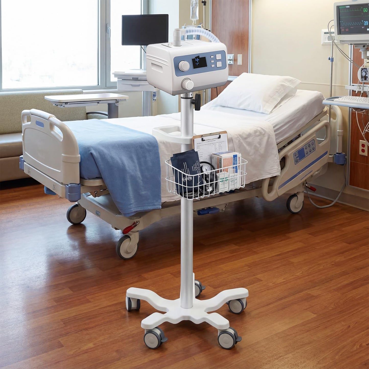 DaisyInner Adjustable Mobile Medical Cart with Wheels, Load up to 33 Lbs, Laptop Rolling Cart with Storage Basket 16.5" x 16.7" Large Tabletop Medical Trolley Workstation for Hospital, Lab Use(Tray)