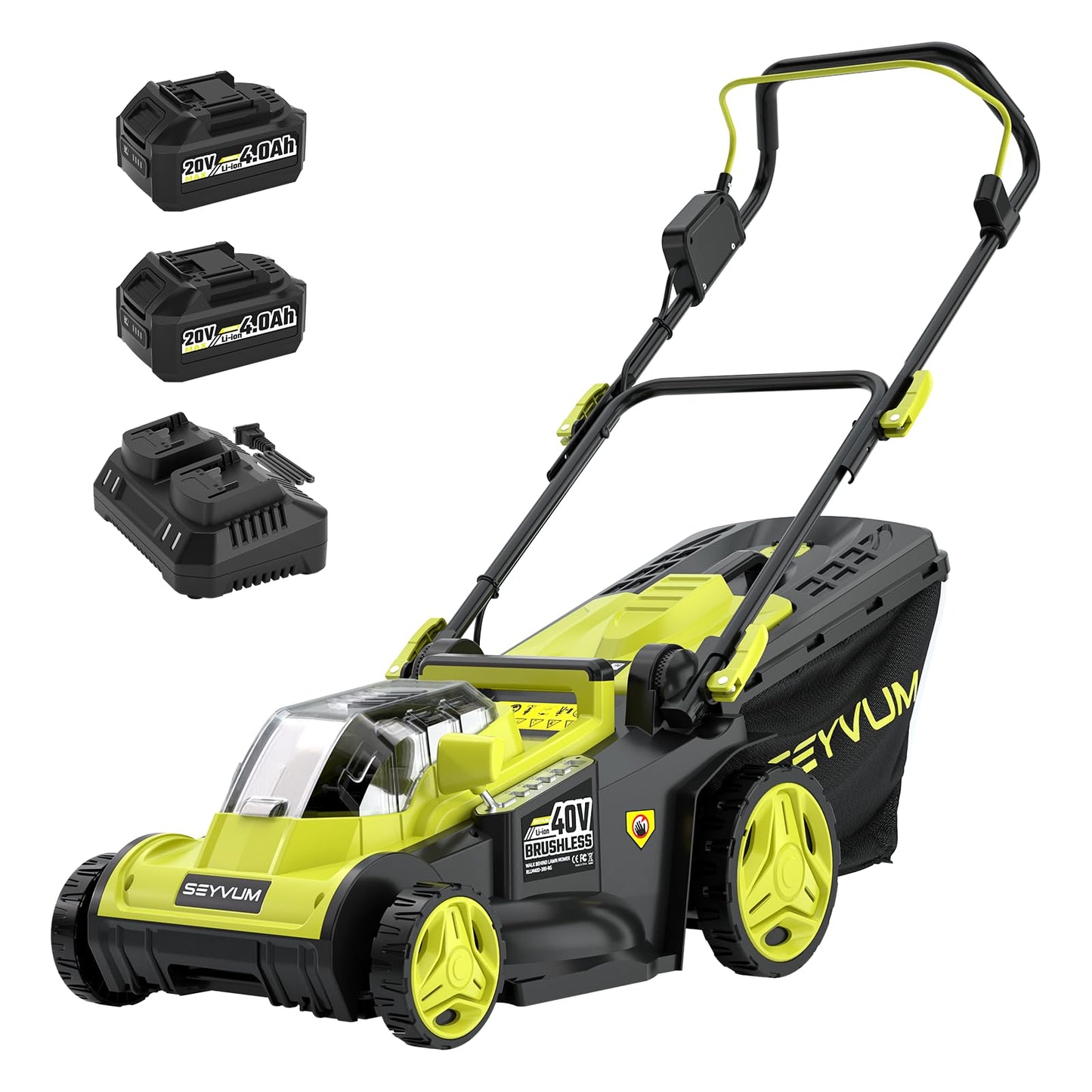 SEYVUM 40V 16-inch Cordless Lawn Mower with 45L Grass Collection Bag, 6 Position Height Adjustment Electric Lawn Mower, 2 x 20V 4.0Ah Battery Powered Push Lawnmower, 2.4A Fast Charger, Lemon Green