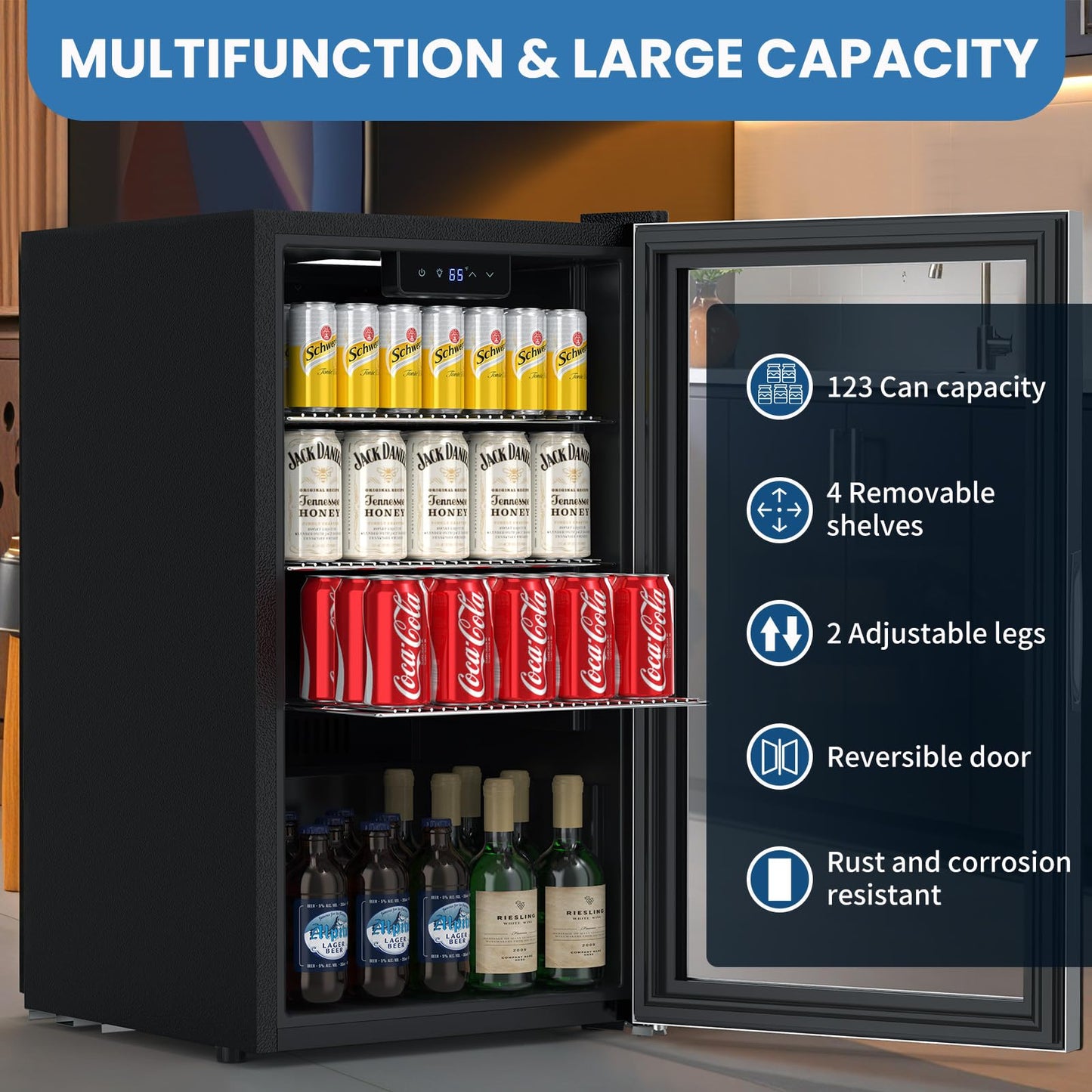 Beverage Refrigerator Cooler,Mini Fridge,Free Standing,123can/3 Cu. Ft,Cools Down To 37 ℉,LED Touchscreen Digital Temp Control,Under Counter,Double-layer Glass Door,Adjustable Shelves,Stainless Steel