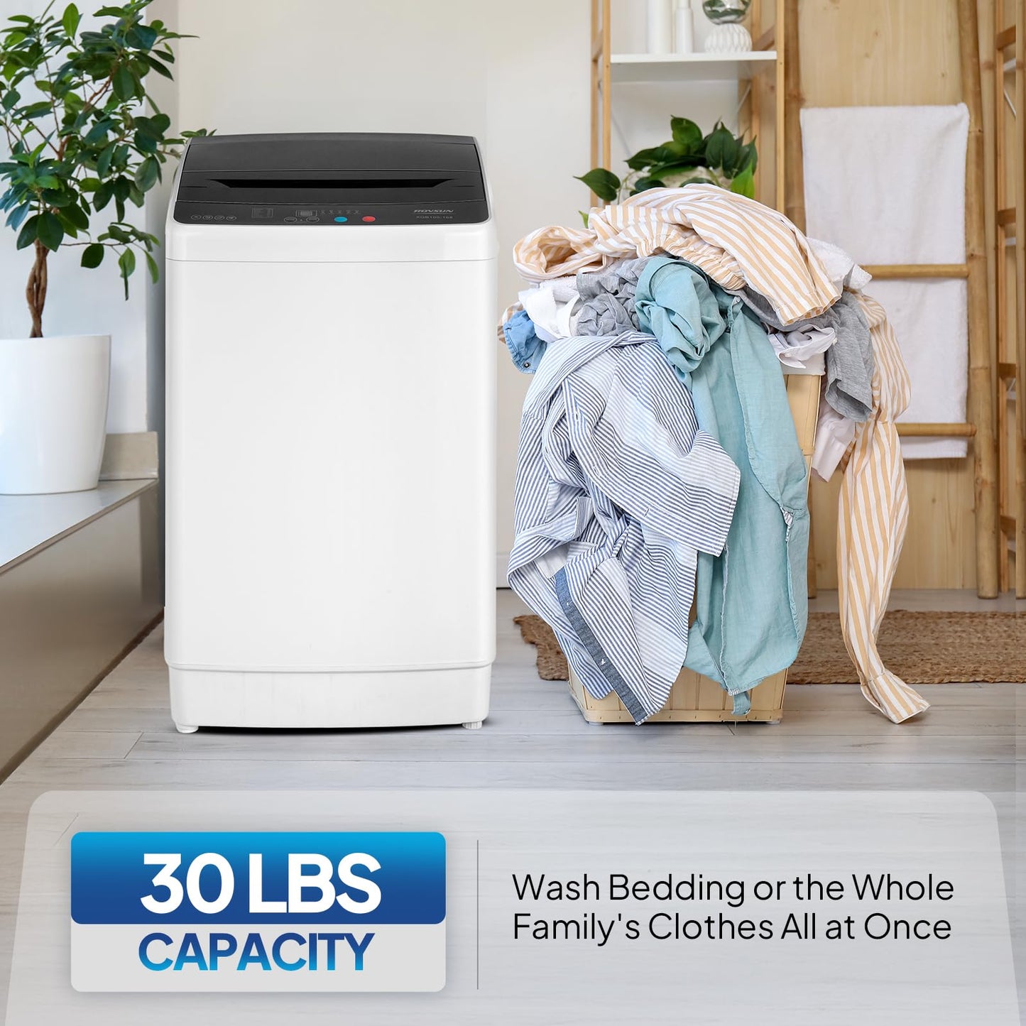 ROVSUN 30LBS Washing Machine, Full-Automatic Portable Washer with Stainless Steel Drum, Electric Laundry Machine, Washer and Spin Dryer Combo with Drain Pump for Home, Apartment