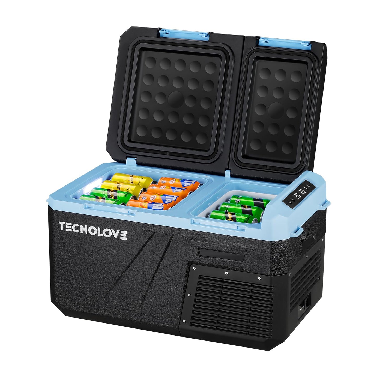 Tecnolove 25L Car Refrigerator Freezer, 27QT Dual-Compartment Portable Cooler with Reversible Door, 100–240V AC / 12V / 24V DC Powered, Touchscreen Control, LED Light, -4℉ to 68℉, Ice Blue