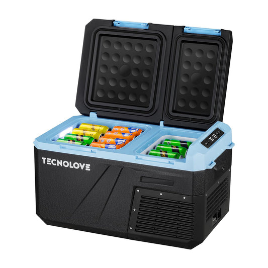 Tecnolove 25L Car Refrigerator Freezer, 27QT Dual-Compartment Portable Cooler with Reversible Door, 100–240V AC / 12V / 24V DC Powered, Touchscreen Control, LED Light, -4℉ to 68℉, Ice Blue