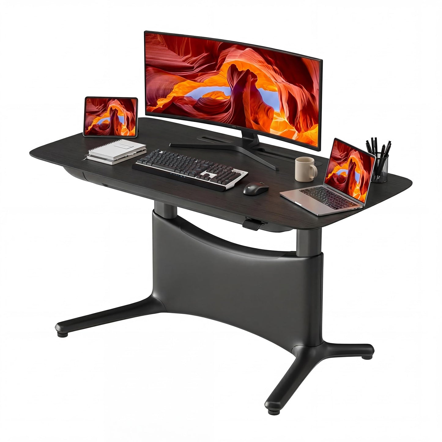 COLAMY Electric Standing Desk 55x28, Desktop Wobble-Free Dual Motor Sit Stand Up Desk with Drawers, Outlets & Footrest, Adjustable Height Computer Table for Home Office Workstation, Black Oak
