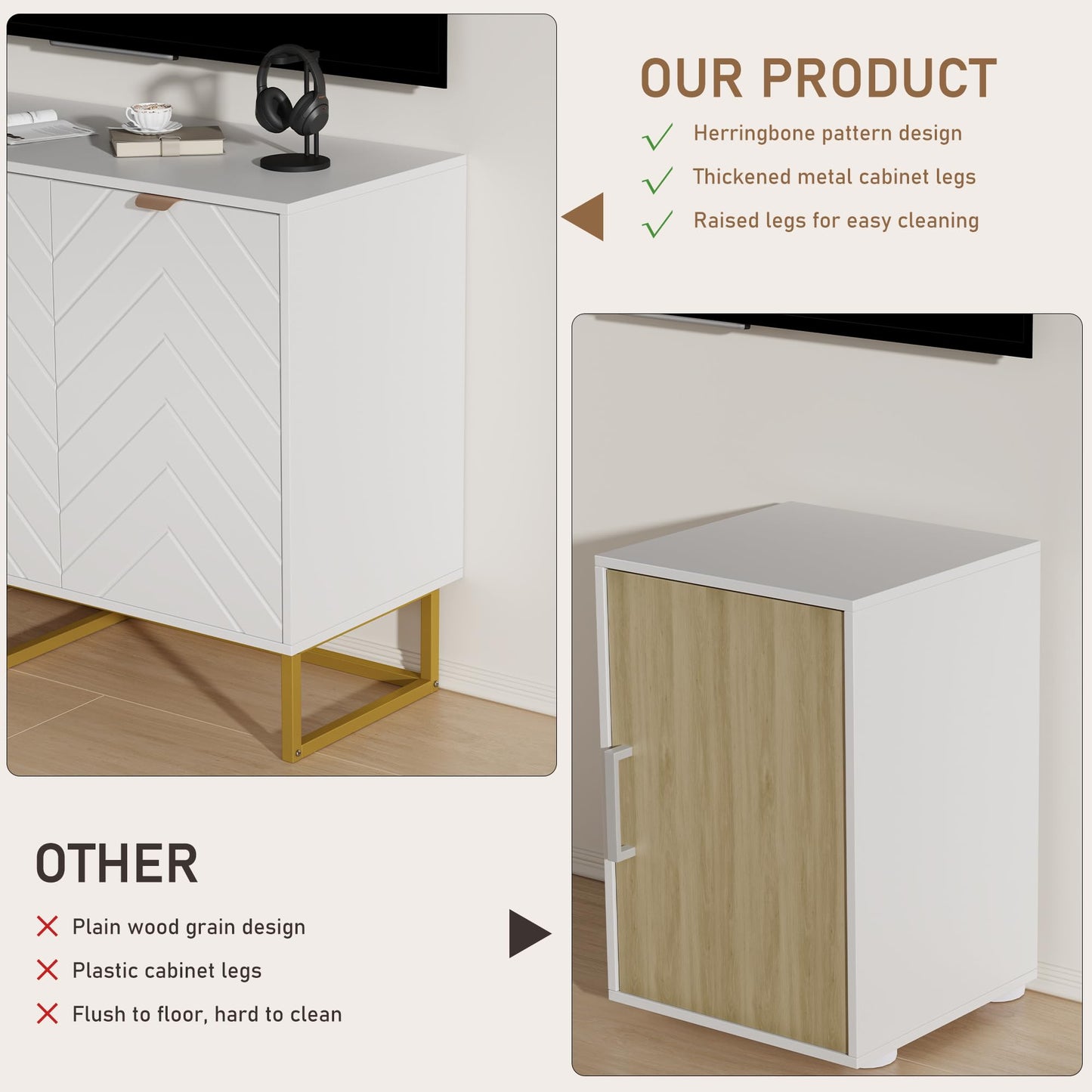 Garvee 47 in Modern Sideboard Buffet Cabinet with Storage, Wood Accent Storage Cabinet with Herringbone Doors & Shelf, Credenza Console Table for Dining Room Living Room Entryway, White