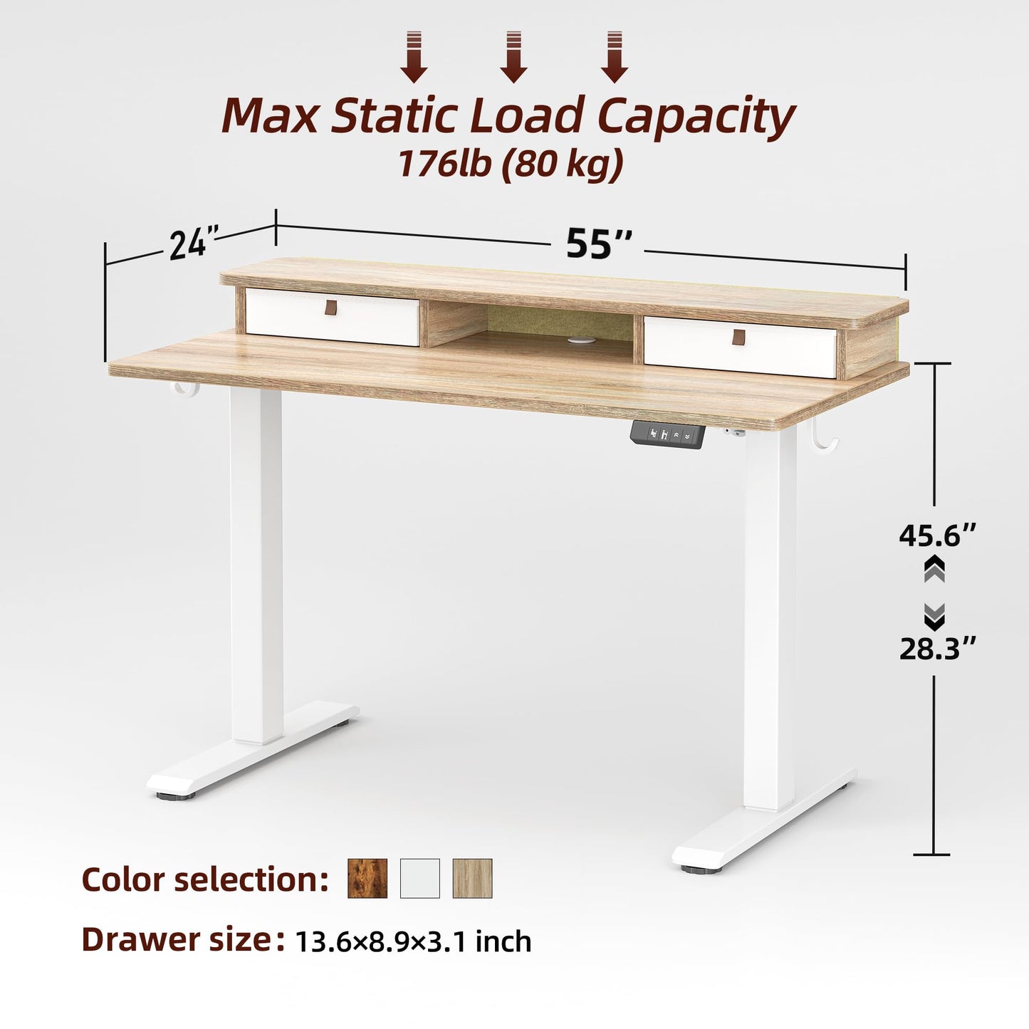 TIQLAB Standing Desk with Two Drawers, Stand Up Standing Desk Adjustable Height, Electric Sit Stand Table with Storage Shelf and Splice Board, 55 * 24 inch, Maple
