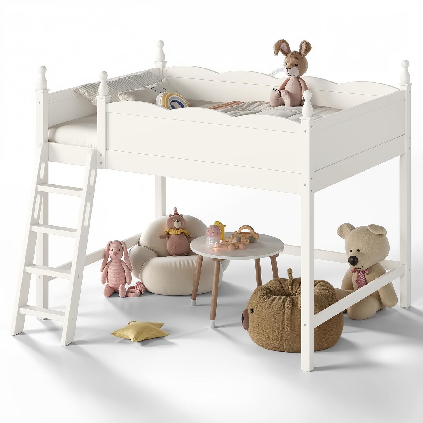 KEIKI Full Size Wood Loft Bed Frame with Built-in Ladder & Ample Under-Bed Space, Modern Loft Bed with Full-Length Guardrails & Solid Slats, No Box Spring Required, Easy Assembly, for Bedroom, Beige