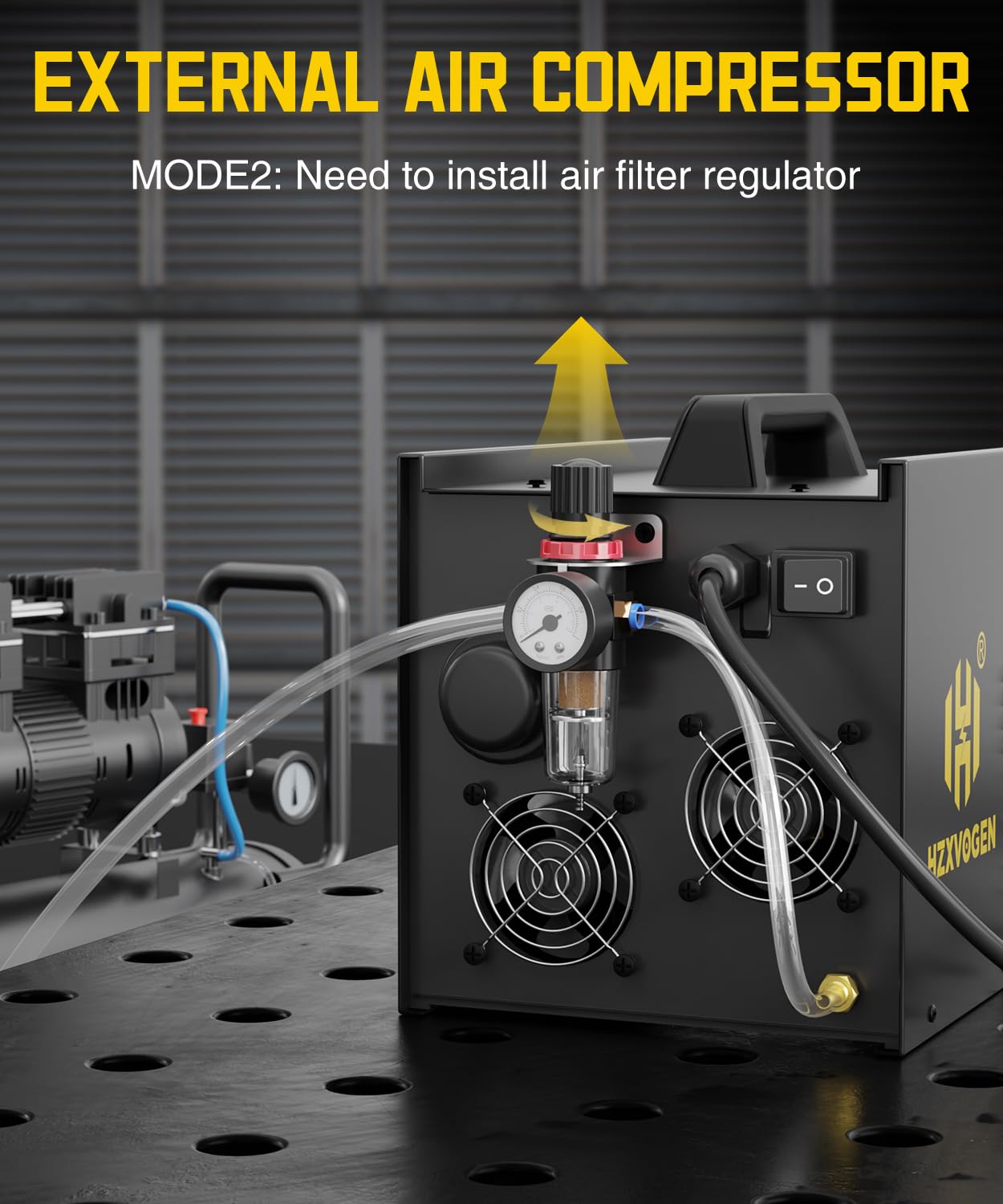 H HZXVOGEN Plasma Cutter with Built in Air Compressor, 50A Pilot Arc Plasma Cutter, 220V High Frequency Air Plasma Cutting Machine DC Inverter IGBT with 2T/4T, Capable External Compressor(HVC6000Pro)