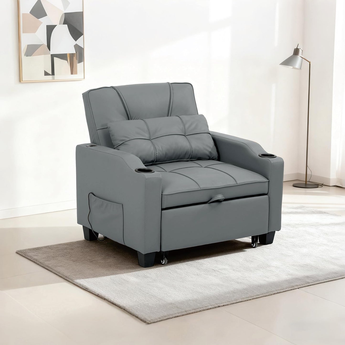4 in 1 Convertible Sleeper Chair Bed with Vibration Massage Lumbar Pillow, Single Sofa Recliner Featuring USB/Type-C Port, Cup Holders & Side Pocket, Space-Saving Pull Out Bed for Small Spaces, Grey