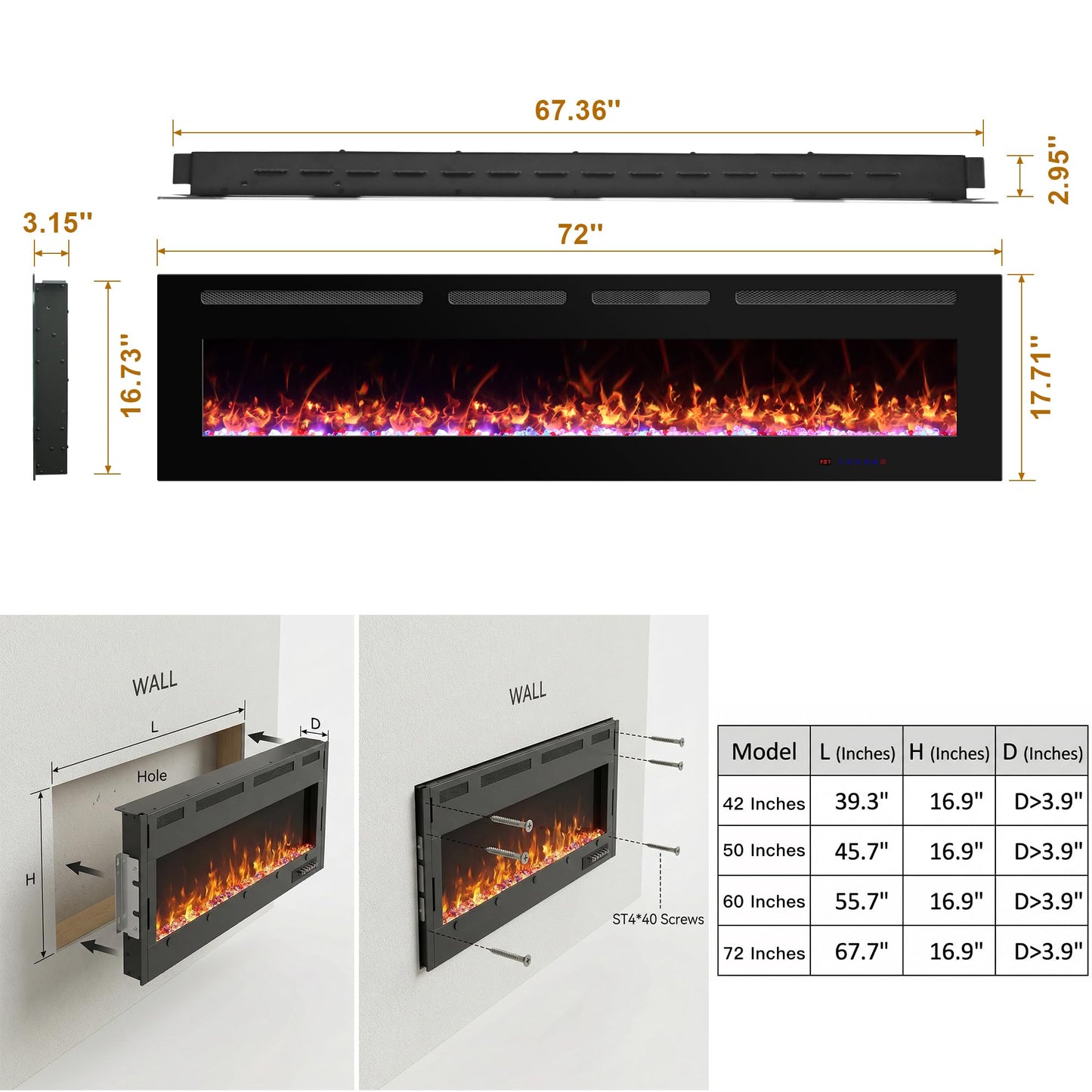 Oxhark Flame 72 Inches Electric Fireplace, Wall Mounted Fireplace Inserts Electric Heater, Flame Effects Like Real Flame, Low Noise, Timer & Thermostat Setting, 750W/1500W