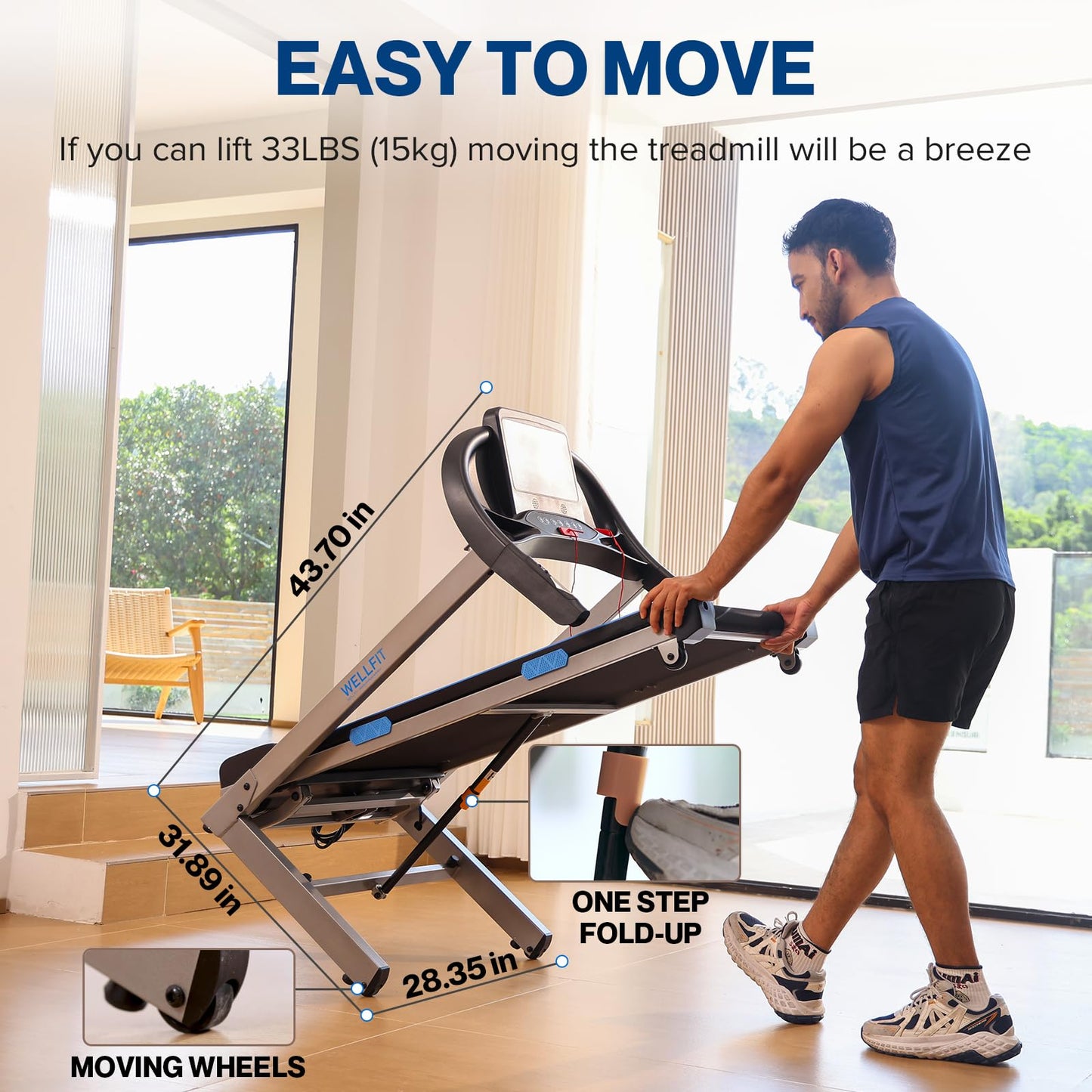 WELLFIT Home Treadmills 400+LBS Capacity, 4.0HP Heavy Duty Treadmill 15% Auto Incline Climb Running, Foldable Treadmill with Handrail, Wide Belt 18*43 in, 95% Pre-installed, Small Commercial Treadmill
