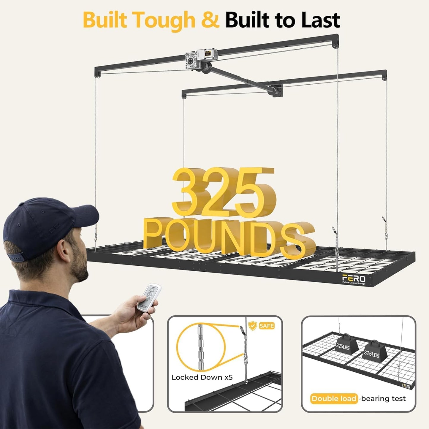 FERO Motorized Overhead Garage Storage Rack with Remote Control, Heavy-Duty Ceiling Mounted Organizer, 4x8 FT Ceiling Storage Lift System, Space-Saving Hanging Garage Shelves, 325 LBS Capacity (Motor)