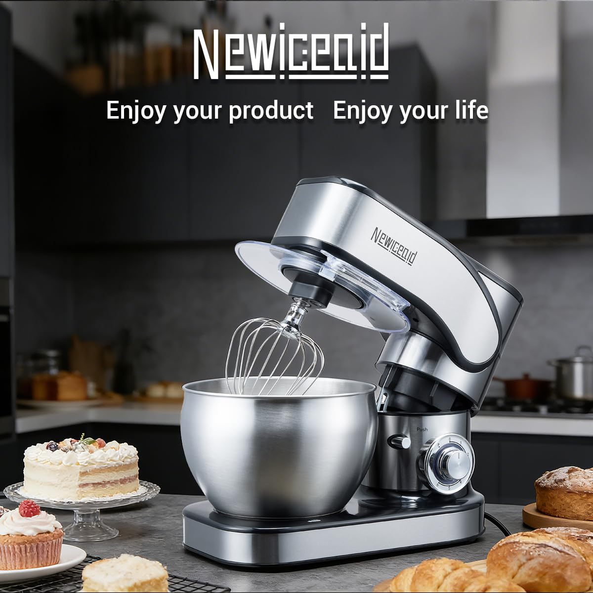 Newiceaid Stainless Steel Stand Mixer, 6-Speed Tilt-Head Mixer with 700W Powerful Motor, 7.4QT Large Capacity Bowl, Electric Kitchen Mixer with Dough Hook, Beater, Whisk for Baking & Dough Making
