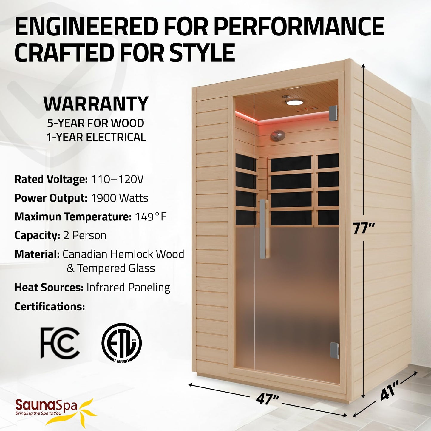 SaunaSpa Indoor 2-Person Infrared Cabin Sauna | Canadian Hemlock Wood Sauna with Low EMF Infrared Heating Panels, Tempered Glass Door, Chromotherapy Lighting, and Touch Control Panel with Bluetooth