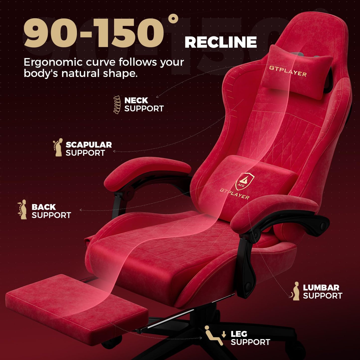 GTPLAYER ACE-PRO Music Gaming Chairs – Built-in Speakers, App Support & Bluetooth Control, Computer Game Chairs with Footrest for Adults, Ergonomic, Reclining, Linkage Armrest, Cherry Red 【Velvet】