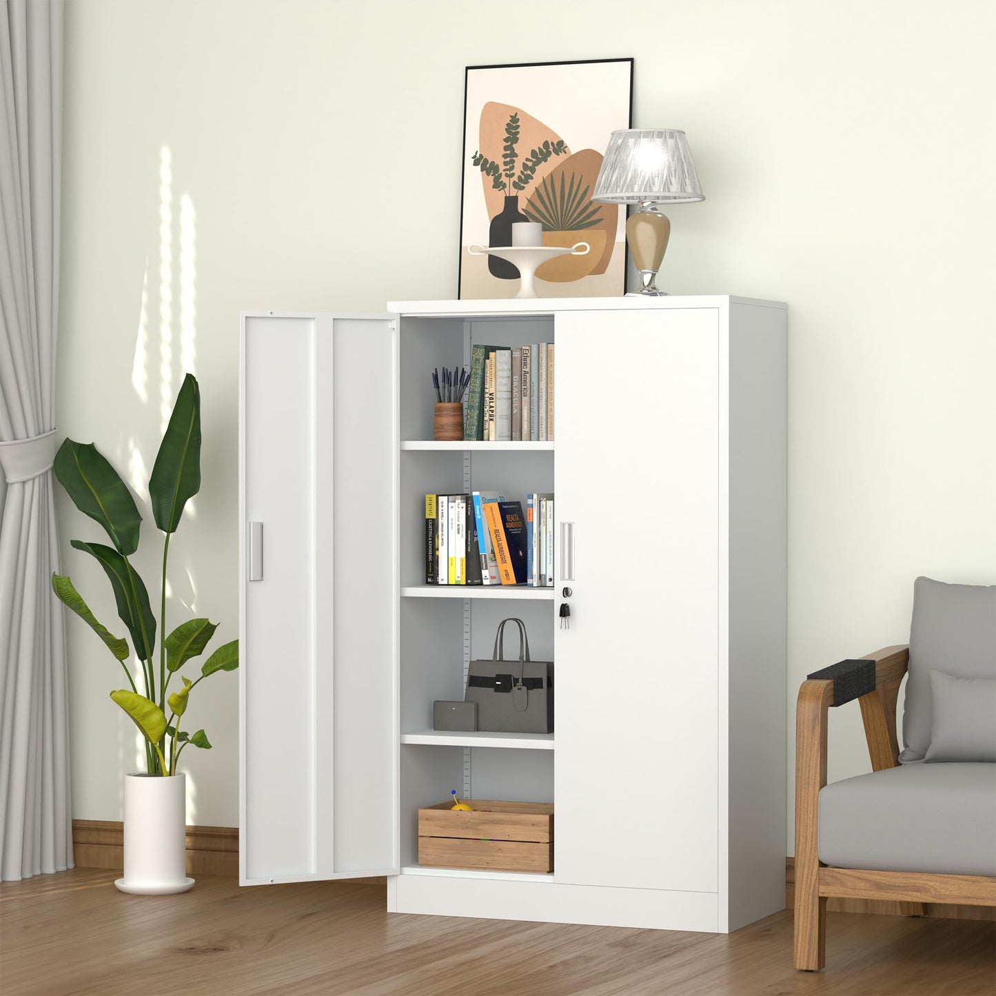 iJINGUR Metal Storage Cabinet with Locking Doors and Adjustable Shelves, 53.5-Inch Tall Lockable Storage Cabinets for Home Office Garage Kitchen Pantry (White)