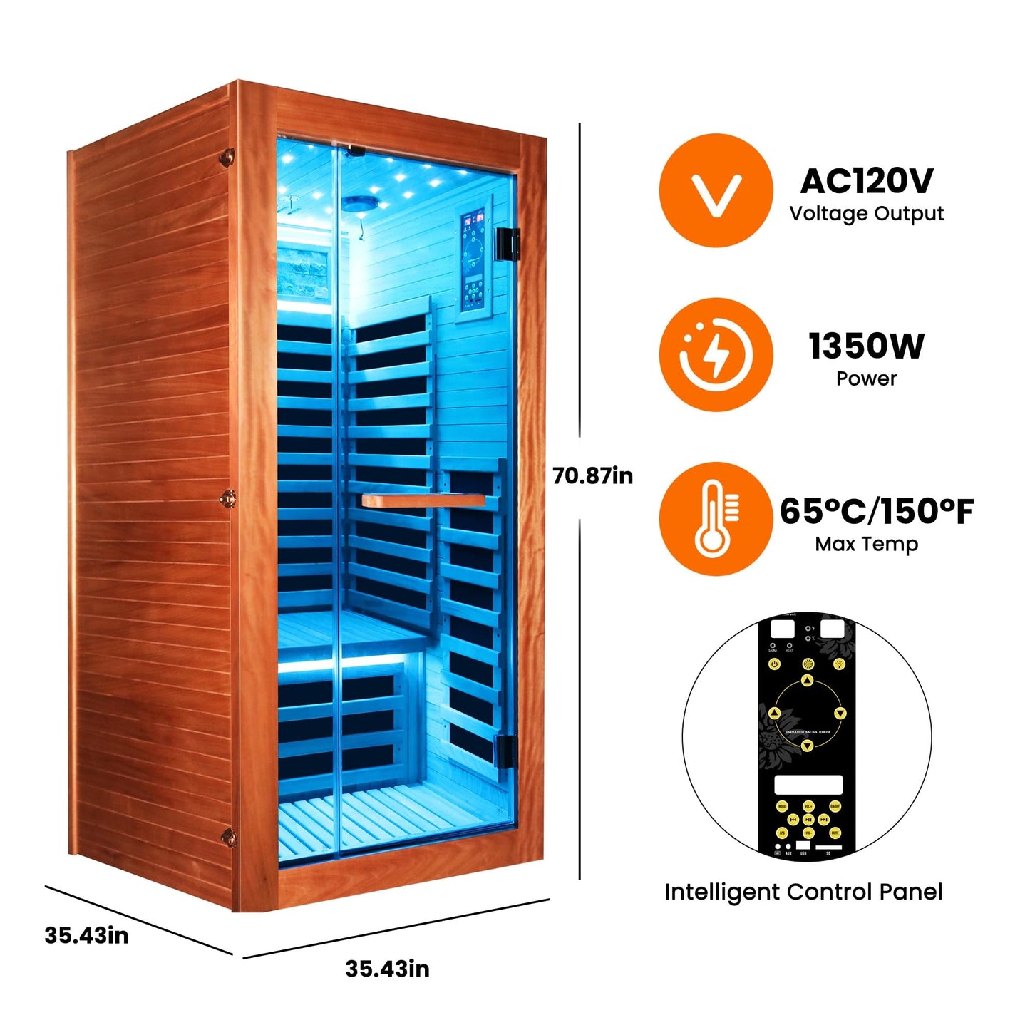 YJSPSSW Single-Person Sauna Room – Compact Infrared Heat Therapy Cabin with 7 Heating Plates, Starry Sky LED & Oguman Wood Design (900x900x1800mm)
