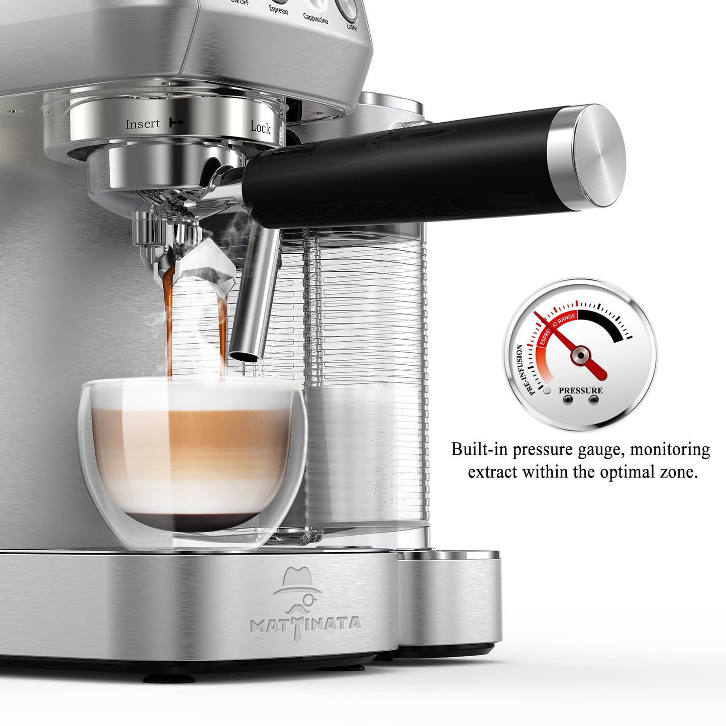 MAttinata Cappuccino Coffee Machine with Automatic Milk Frother, Compact Espresso Machine with Pressure Gauge, Stainless Steel Cappuccino Maker with for Home, Office