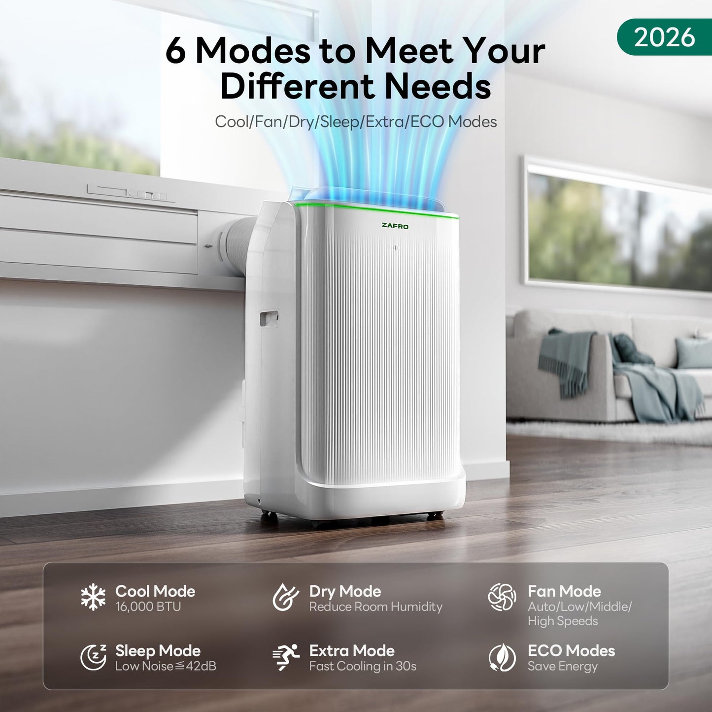 ZAFRO Smart Inverter Portable Air Conditioners, 16000 BTU (12000 BTU SACC) Dual Hose Portable AC Unit with Energy Saving/Ultra Quiet(38dB Upgraded)/Drainage-free Cool/APP/Remote for Multi-Scenario Use