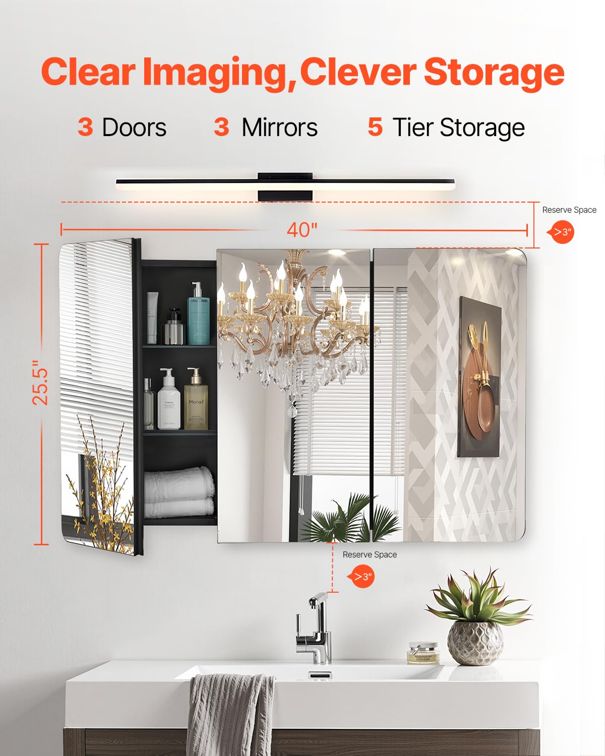 VEVOR Medicine Cabinet, 25.5 x 40 inch, Medicine Cabinet for Bathroom with Mirror, Aluminum Frame Bathroom Wall Cabinet, 4-Layer Adjustable Shelves, Recessed & Wall-Mounted Installation