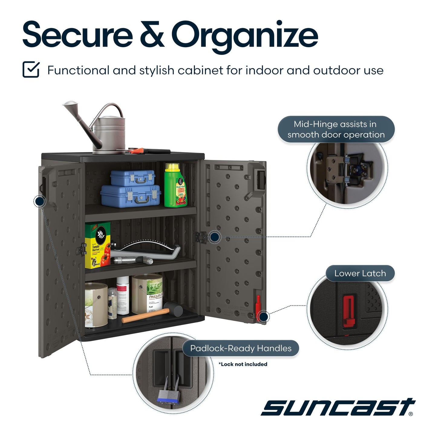 Suncast Heavy-Duty Resin Outdoor Storage Cabinet, 30" W x 20.25" D x 36" H Dark Grey Base Garage Storage Cabinet with Lockable Doors and Metal Reinforced Shelves, Made in the USA