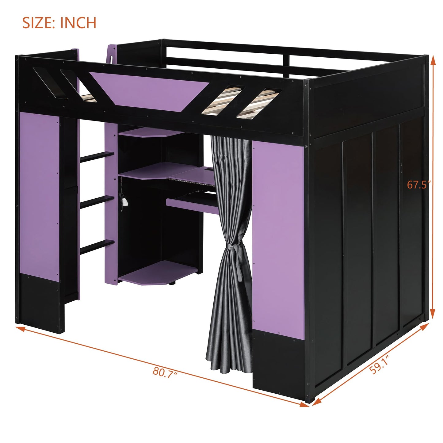 Merax Full Size Loft Bed with Desk and Storage Shelves, Gaming Loft Bed Frame with USB Charging Station and Curtains, Space Saving Loft Bed for Teens Bedroom, Purple + Black