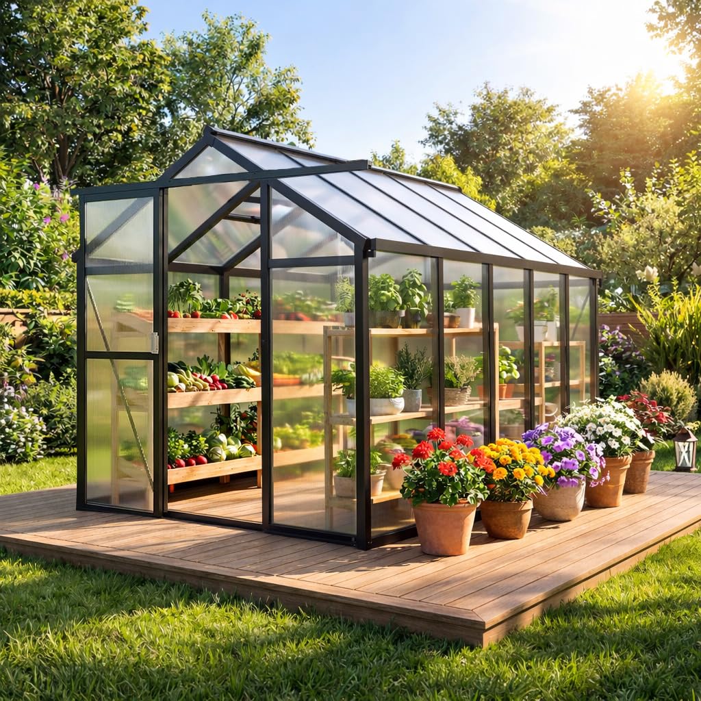 6X8FT Greenhouse, Aluminum Polycarbonate Green House, Green Houses for Outside with Sliding Doors, Ourdoor Greenhouse with Ajustable Roof Vent, Withstands Bad Weather for Garden, or Backyard, Black