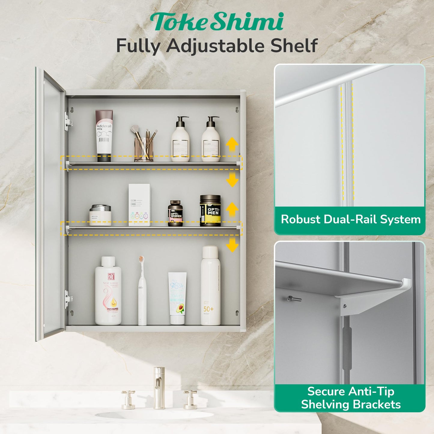 TokeShimi 36 x 24 Medicine Cabinet for Bathroom with Mirror, Assembly Required, Wall Mounted Medicine Cabinet with Tempered Beveled Mirror, Stepless Adjustable Shelves, DTC Hinge