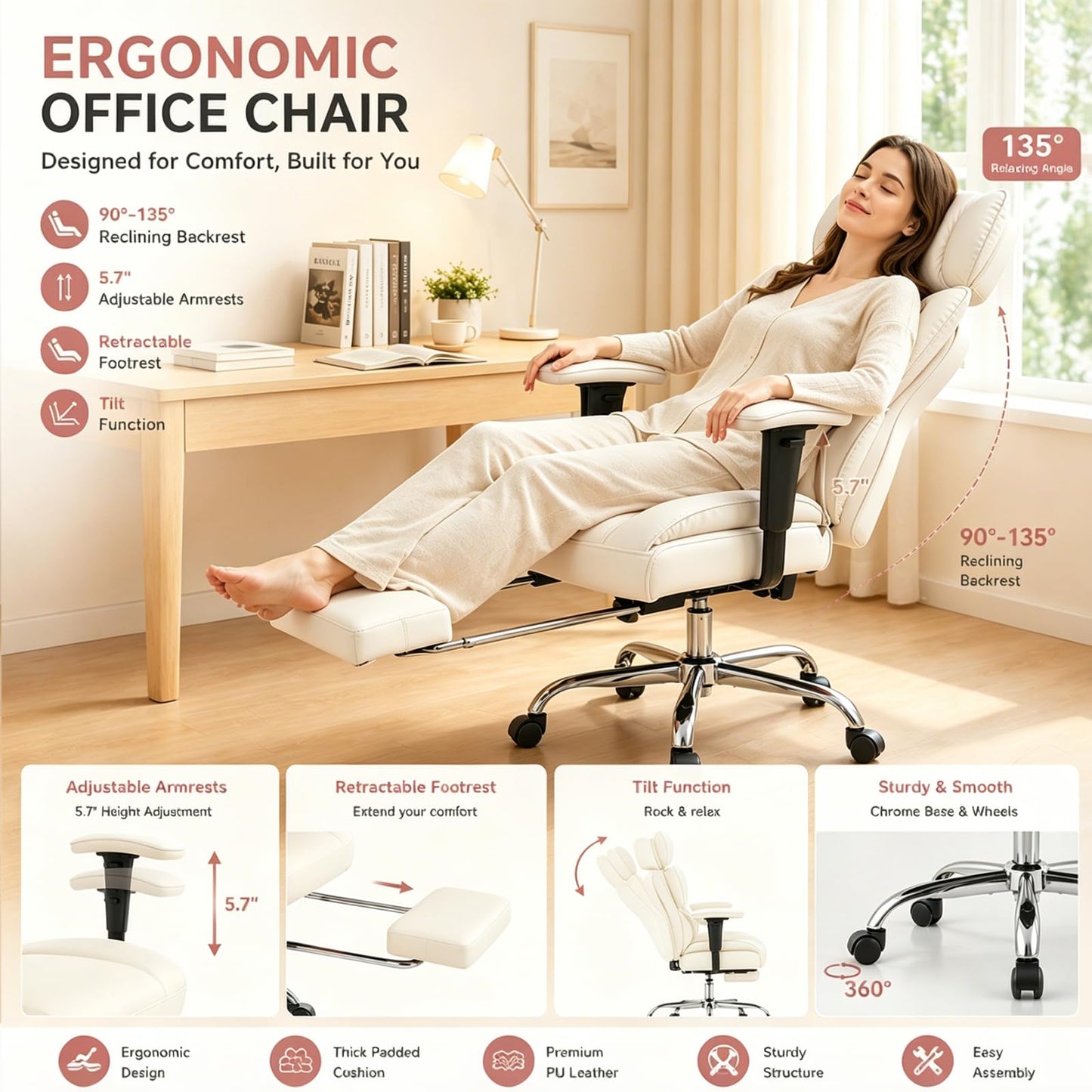 Big and Tall Office Chair 350 LBS, Scratch-Resistant PU Leather Executive Office Desk Chair with Footrest, Ergonomic Reclining Computer Chair with Pocket Spring Support for Home Office, Beige