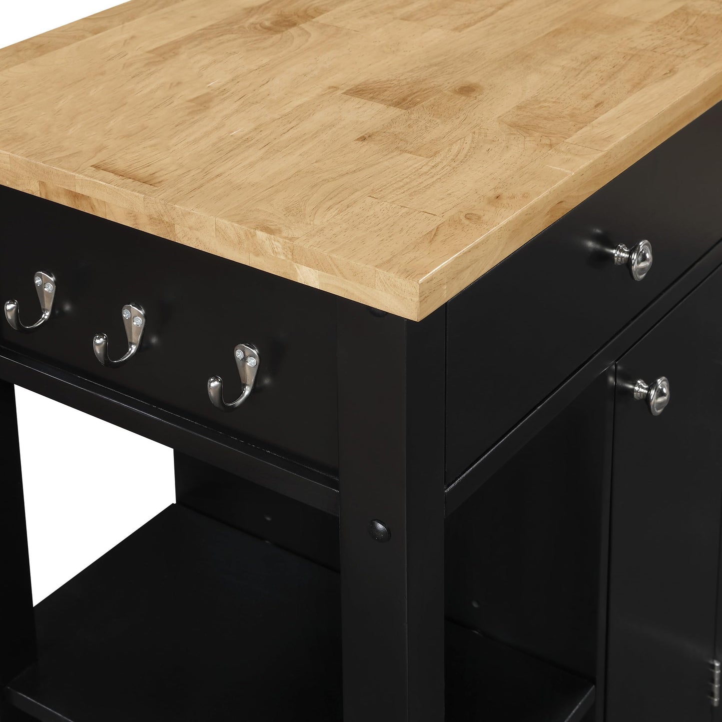 OSP Home Furnishings Derry Modern Farmhouse Kitchen Cart with Natural Butcher Block Top, Rolling Storage Cabinet with Drawer, Shelves, Hooks, Black Finish