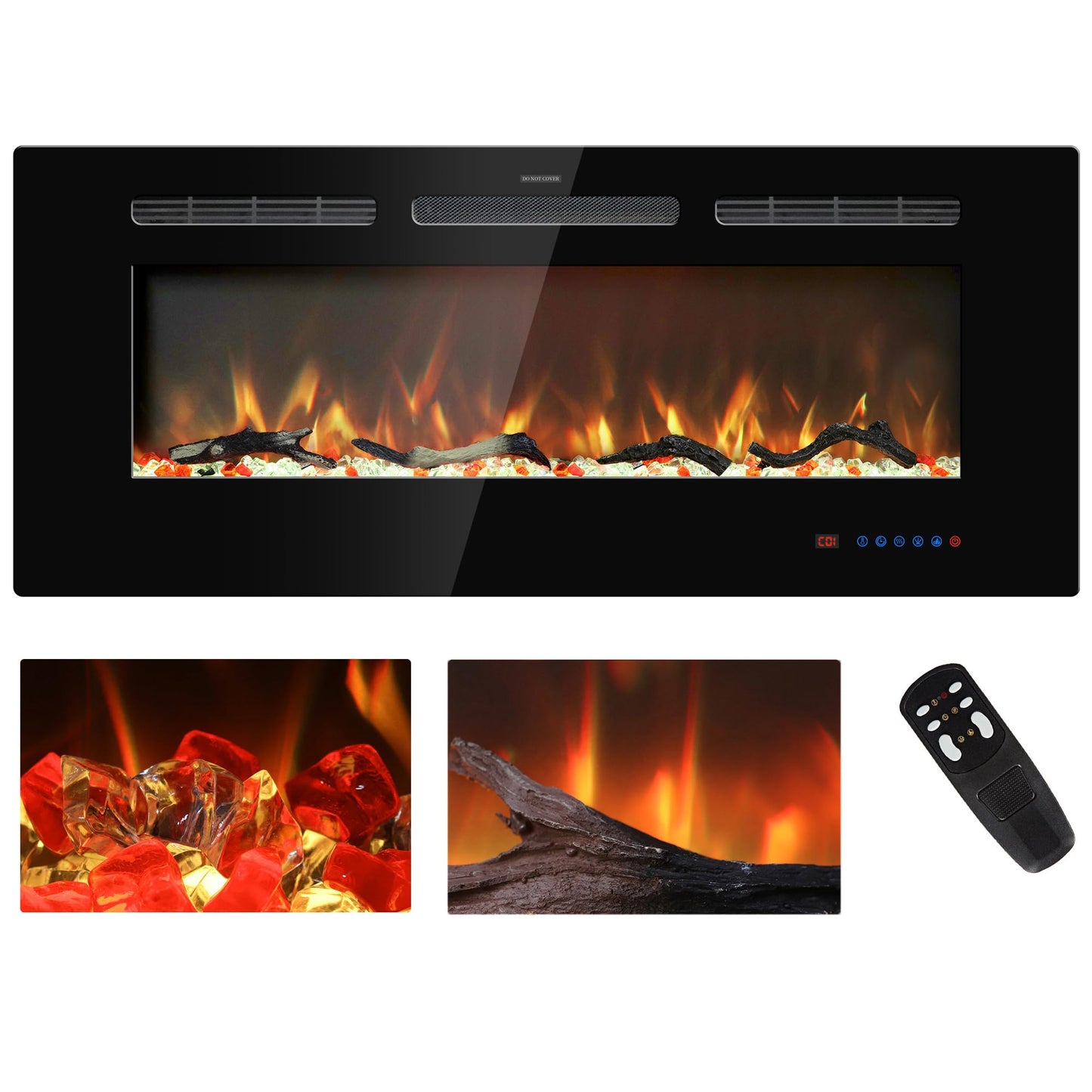 Kentsky 42 inches Electric Fireplace Inserts, Recessed and Wall Mounted Fireplace Heater, Linear Fireplace w/Thermostat, Remote & Touch Screen, Multicolor Flame, Timer, Logs & Crystal, 750W/1500W