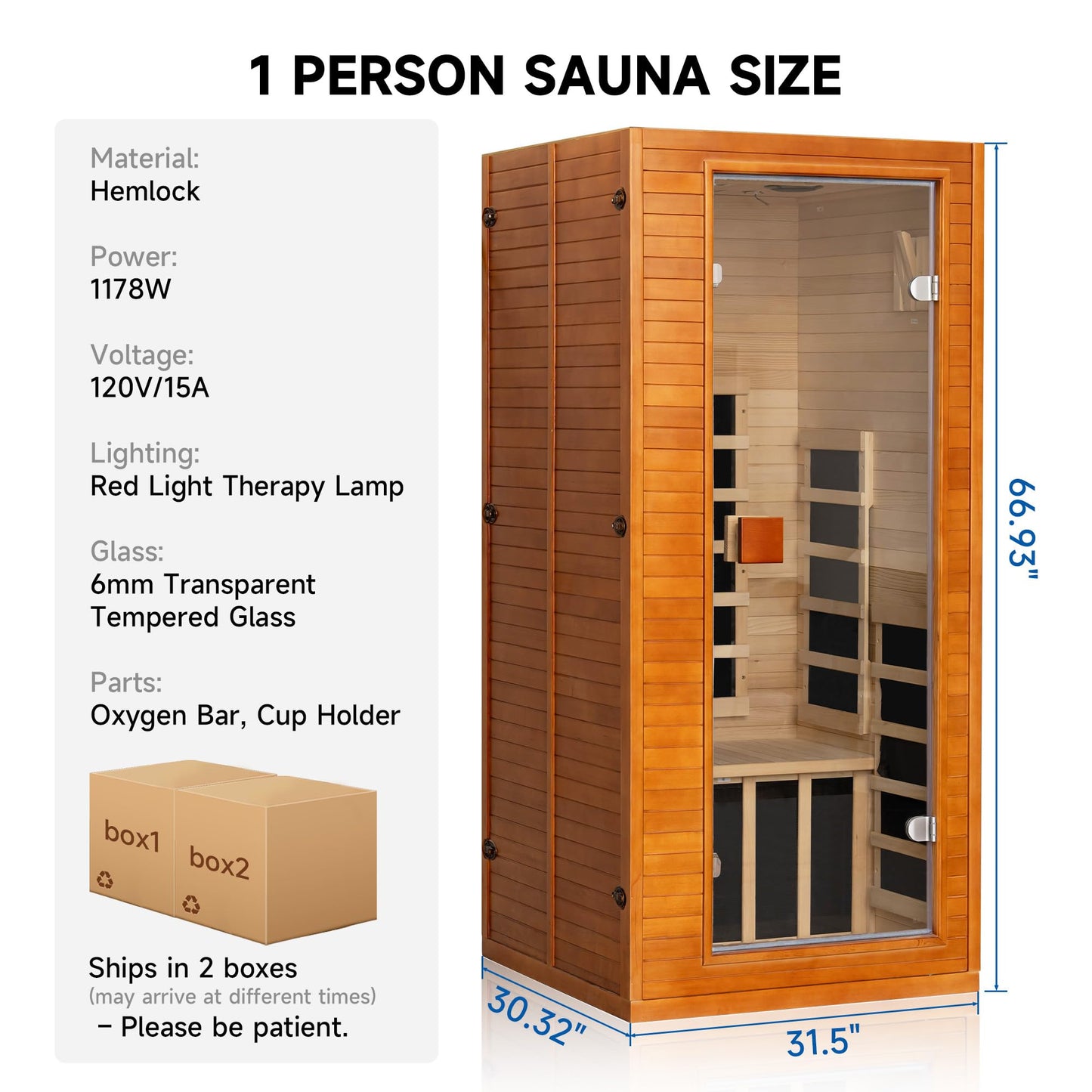 RESTISLAND Full Spectrum Infrared Sauna, 1 Person Home Infrared Sauna with Red Light Therapy, Indoor Canadian Hemlock Wood Dry Saunas Room,1178w/120v, Foot Warmer, 7 Heating Panels, Bluetooth Speakers