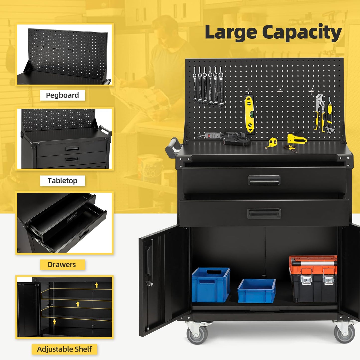 JFHID 52'' Work Bench for Garage with Pegboard Drawers and Cabinets Heavy Duty Metal Frame Tool Bench for Shop Kitchen Cabinets Organizer Work Table with Wheels (Black)