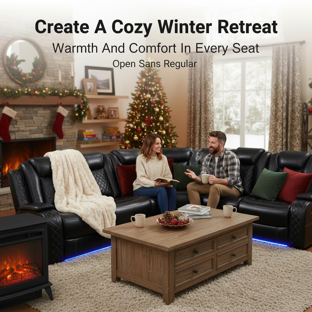 Trygoal Power Reclining Sectional Sofa Set, L-Shaped Leather Sectional Couches for Living Room, Home Theater Seating with Cup Holder, Modern Power Recliner Sofa Sets with LED Lights, Net Design, Black