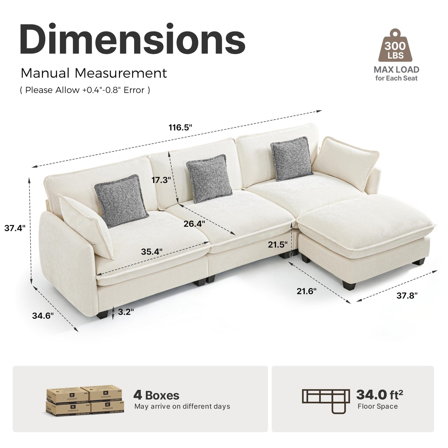 MCombo 117" Oversized Cloud Sectional Couch, Sectional Sofa with FSC Certified, L Shaped Couch with Ottoman for Living Room, Chenille S0701 (Beige)