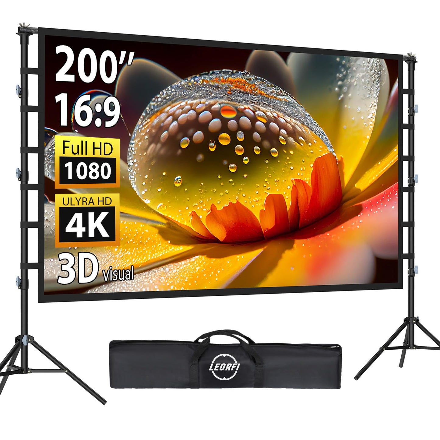 200 Inch Outdoor Projector Screen with Stand: LEORFI Large Projection Screen with Adjustable Tripod, Front & Rear Projection Wrinkle-Free Movie Screen with Transport Bag for Backyard Movie Night