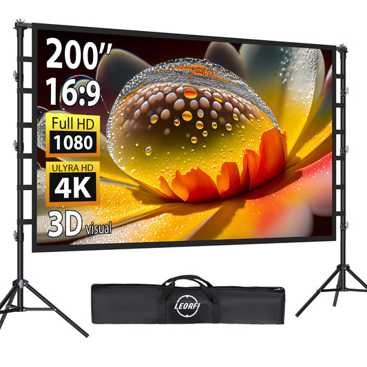 200 Inch Outdoor Projector Screen with Stand: LEORFI Large Projection Screen with Adjustable Tripod, Front & Rear Projection Wrinkle-Free Movie Screen with Transport Bag for Backyard Movie Night