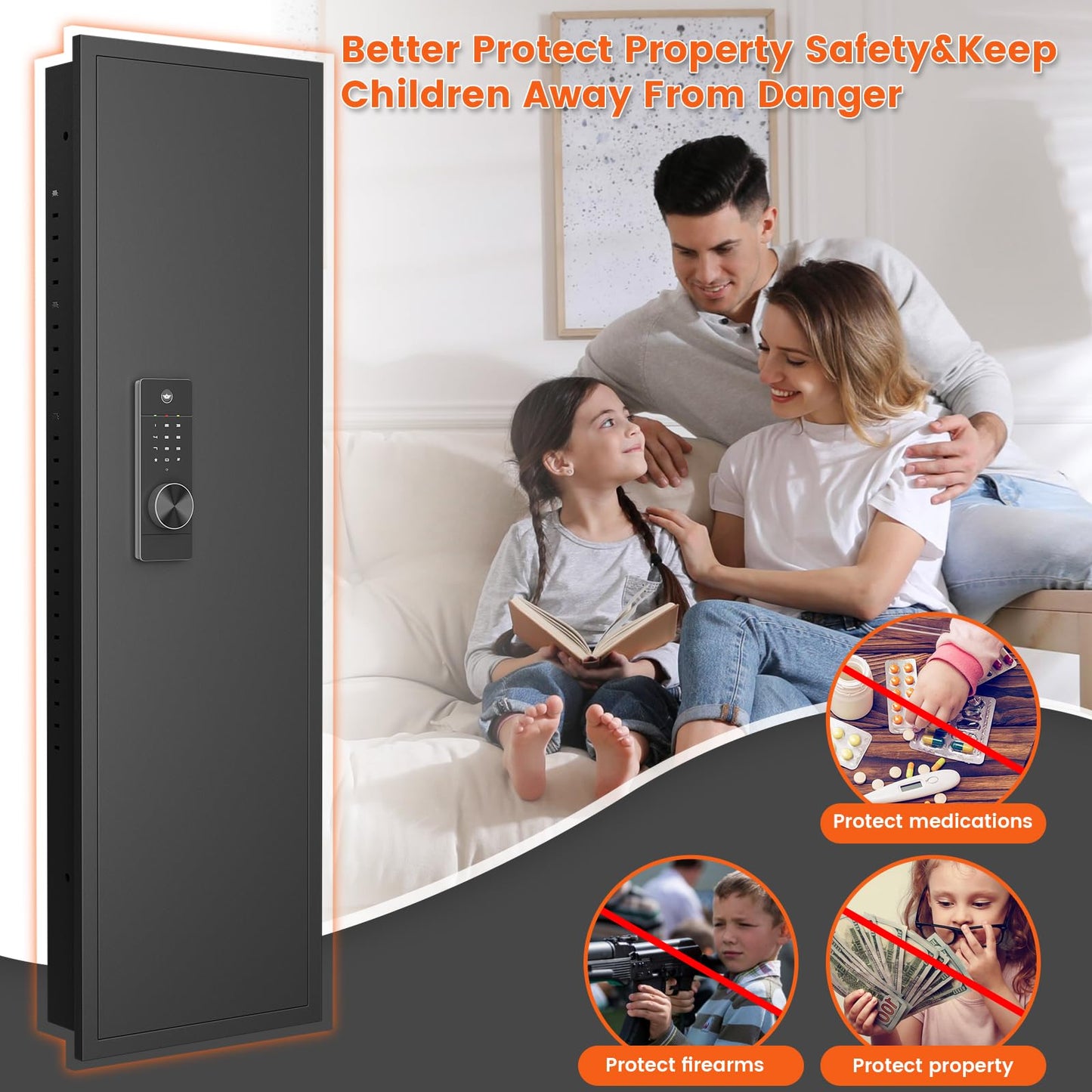 kavey 53.15" Wall Safe Between the Studs, Digital Hidden Safe with LCD Backlit Keypad, Large Wall Gun Safe with 3 Adjustable Shelves & Magnetic Slot for Home (Black-Digital)