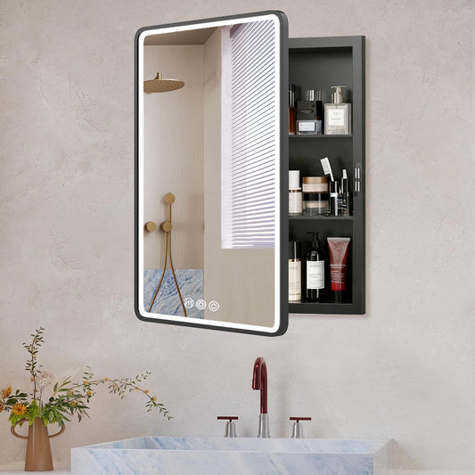 THEPDLL LED Medicine Cabinet Mirror for Bathroom 22x30 Inch, Recessed Medicine Cabinets with Lights, Anti-Fog Bathroom Mirror with Storage, Black Metal Frame, Adjustable Shelves, 3 Color Dimming