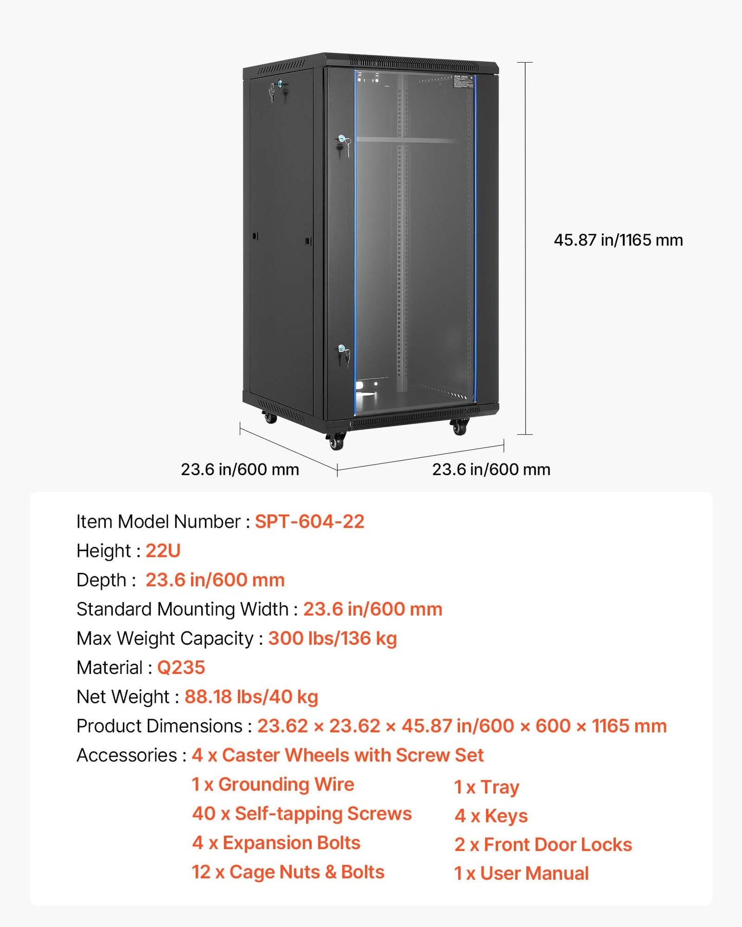 VEVOR 22U Server Rack Cabinet, Network Cabinet Wall Mount, 23.6 in Depth, Network Rack Enclosure with Locking Tempered Glass Door, 4 Casters, Side Panels, for 19’’ IT Equipment, A/V Devices