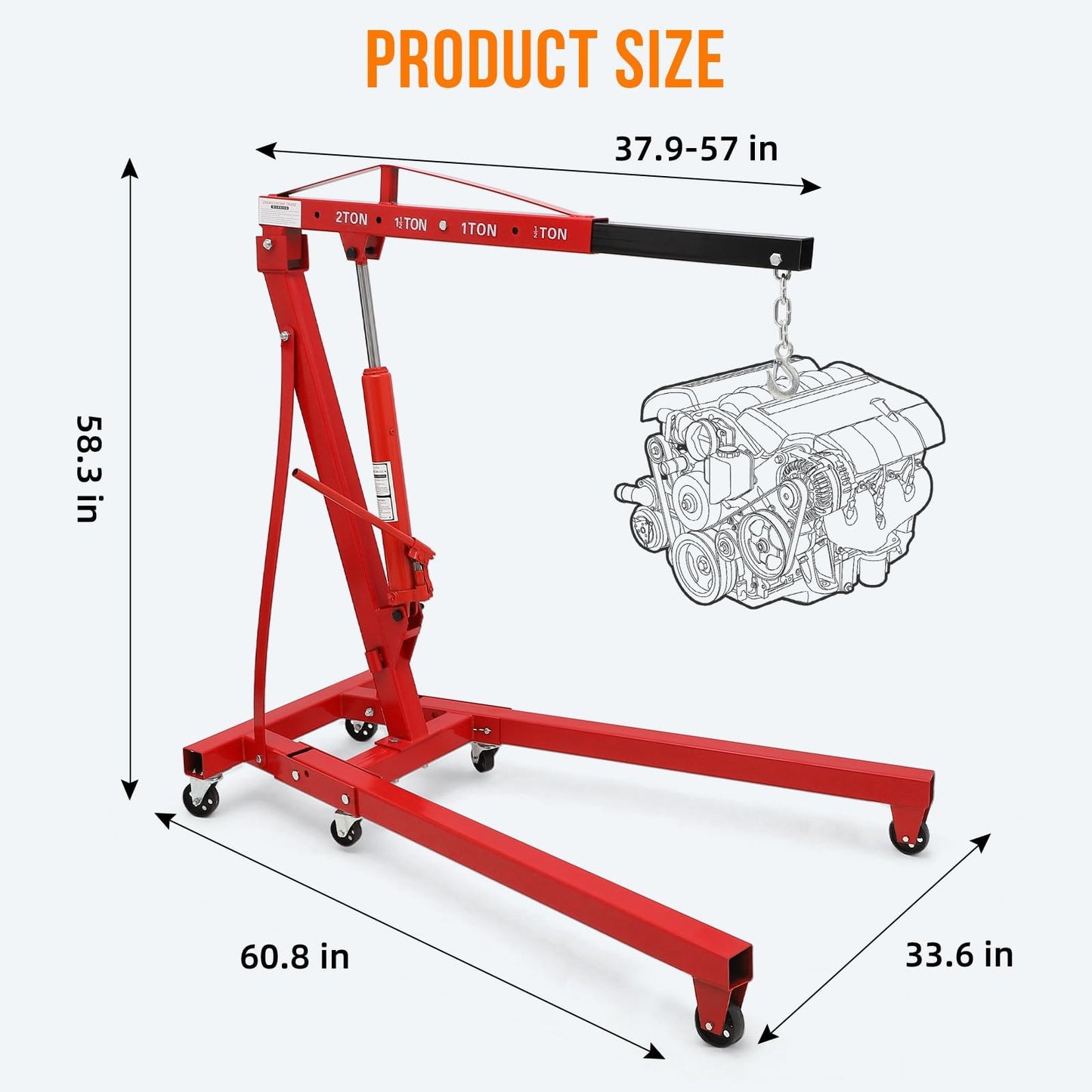 Garvee 2 Ton Engine Hoist, Hydraulic Cherry Picker Engine Crane, Heavy Duty Folding Shop Crane with 6 Casters, Engine Lift for Garage, Workshop, Red