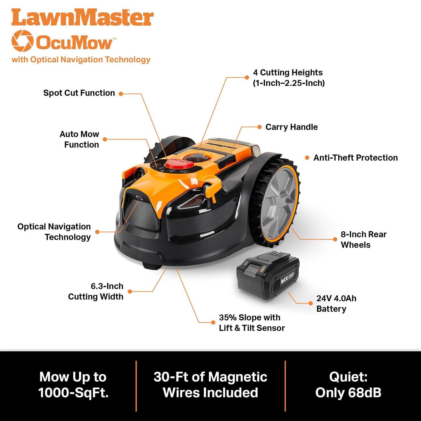 LawnMaster OcuMow Perimeter Wire Free Robot Lawn Mower Cuts Small Lawns 1000-2000 Square Feet with Optical Navigation, Obstacle Avoidance, Low Noise and No Go Functiont