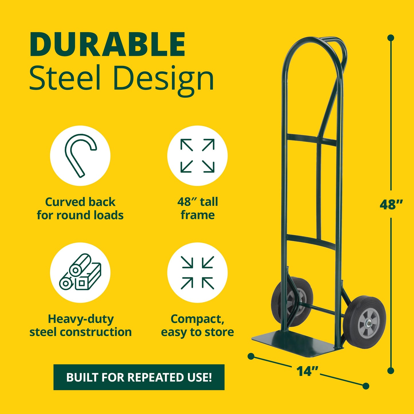 Harper Trucks BKB85 600 lb Capacity Steel P-Handle Hand Truck Dolly with 8-Inch Solid Rubber Wheels, Heavy-Duty Cart for Moving Boxes, Garage, Landscaping & Delivery Tasks