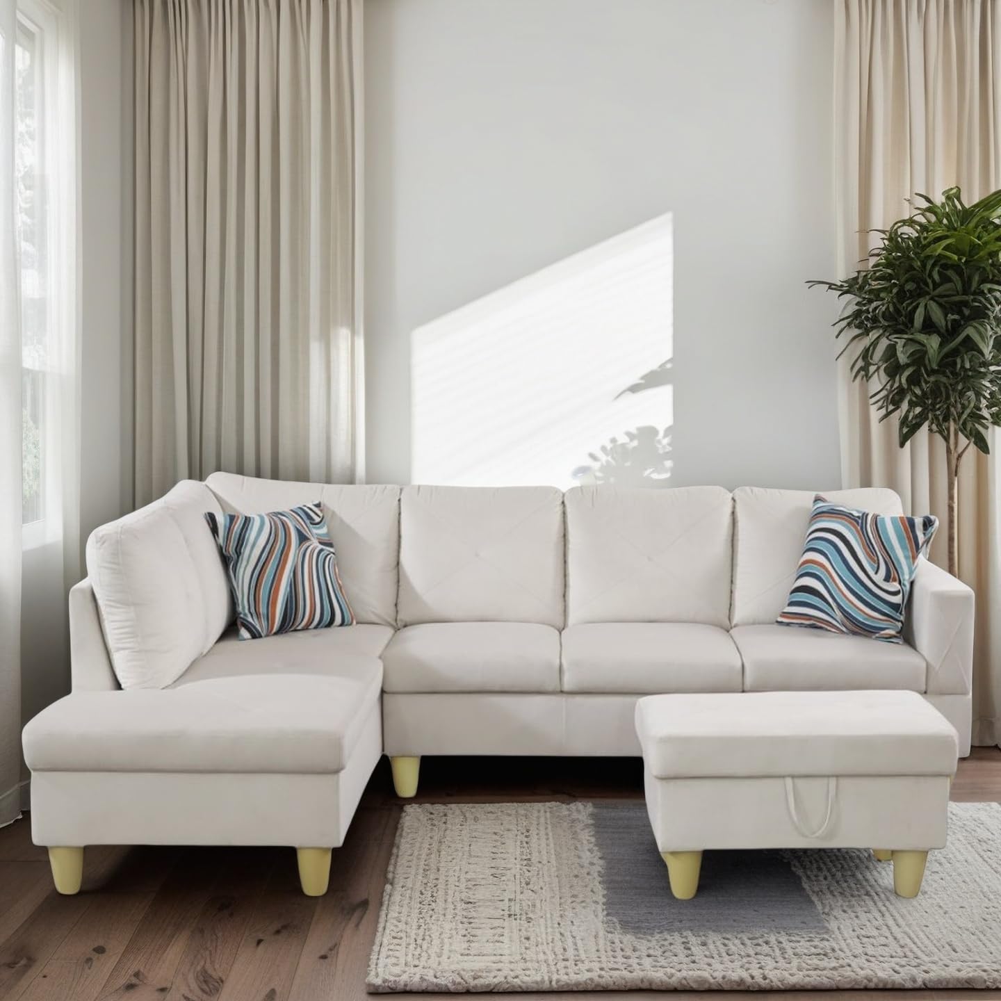 Trygoal 97" L Shaped Couches for Living Room, Sectional Couch Living Room Furniture with Storage Ottoman, Modular Sectional Sofa with Movable Chaise for Apartment Office, White
