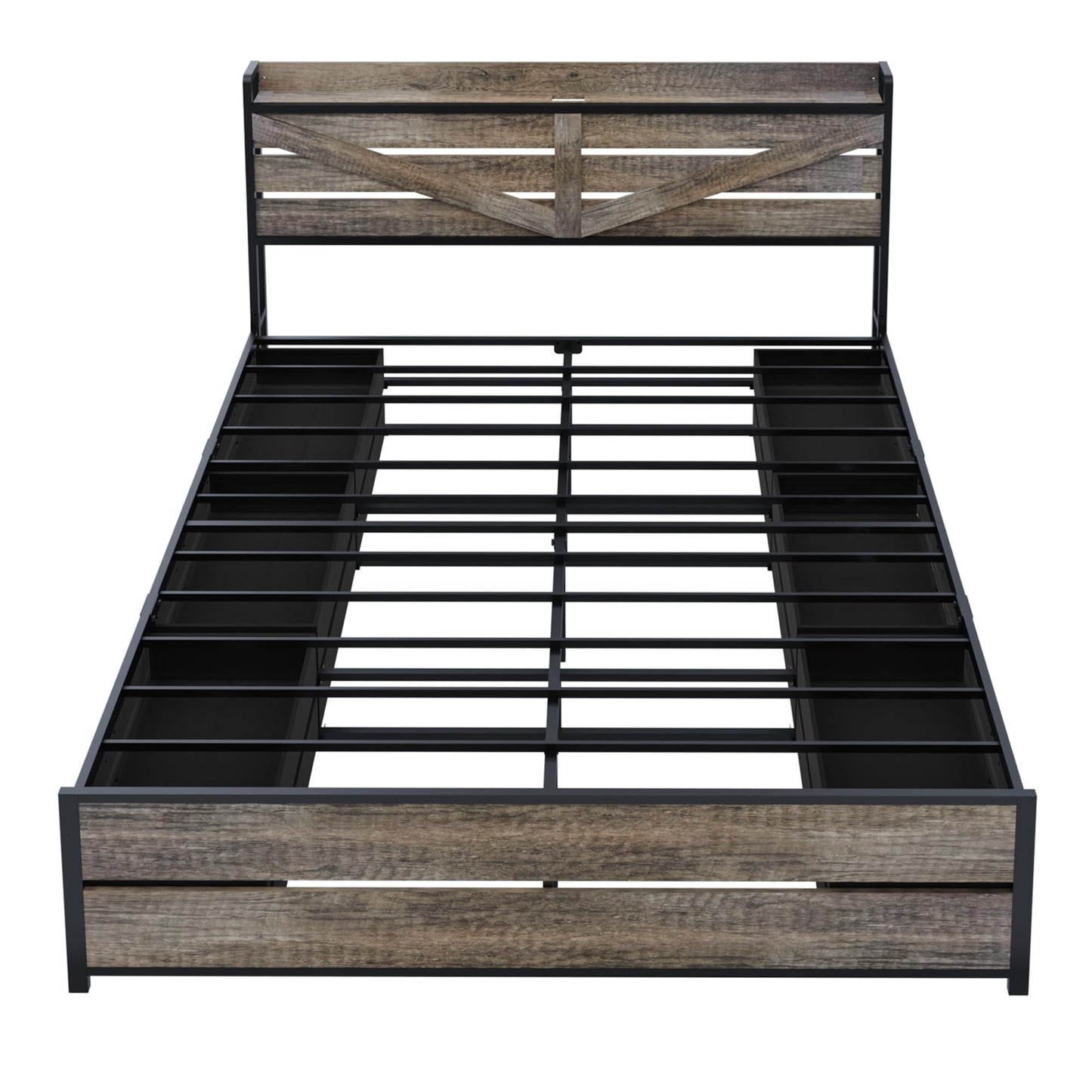 KEIKI King Size Bed Frame with Storage Headboard and 12 Drawers, Metal Platform Bed Frame with Charging Station, Noise Free Heavy Duty Mattress Foundation, No Box Spring Needed, Black